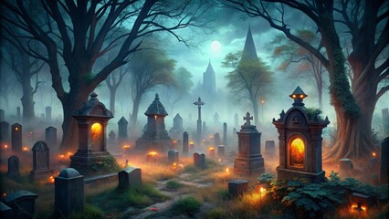 glowing glowing eyes in haunting graveyard