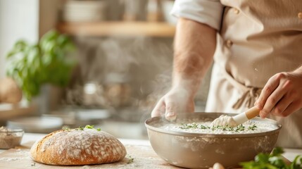 A chef ladling clam chowder into a bread bowl.