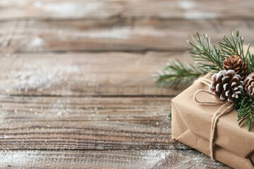 rustic christmas gift on a snowy wooden background