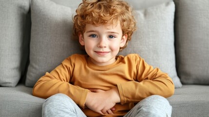 A young boy with curly hair sitting comfortably on a couch, smiling warmly in a cozy living room during the afternoon