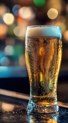 Refreshing cold beer served in a chilled glass with condensation in a lively bar during the evening hours