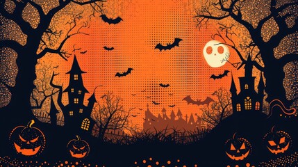 Spooky Halloween banner featuring haunted houses, bats, pumpkins, and a full moon in a retro Ben-Day dots style