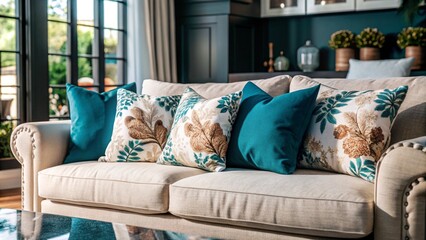 Wall Mural - Close up of fabric sofa with white and terra cotta pillows. French country home interior design of modern living room.
