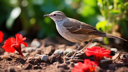 Sticker - One dove walks along the edge of flower bed with beautiful red pink geranium flowers on sunny day  