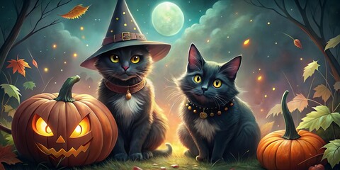 halloween cat and witch illustration dark whimsy