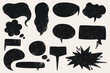 © Desenarrt - Chat bubbles silhouettes. Black chat boxes isolated on white background. Comic book hand drawn set of abstract text boxes.