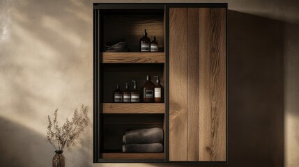 Wall Mural - A compact, multi-purpose storage cabinet with sliding doors, providing hidden storage in a tight space