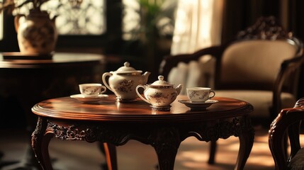 A delicate, antique tea table made from rosewood, adorned with porcelain teacups in soft lighting