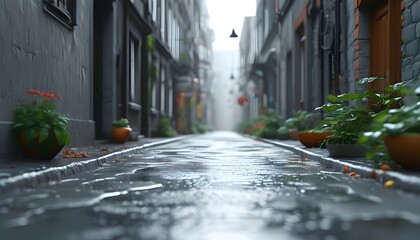 Wall Mural - Glistening Gray Streetfloor Reflecting Rain in a Surreal AI-Generated Scene