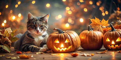 Halloween cute cat cuddles with jack-o-lanterns and spooky decorations orange and black colors autumnal mood whimsical style animated concept commercial organic search