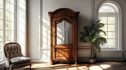 A rustic antique oak armoire with ornate detailing and a mirror embedded in the door, placed in an elegant, vintage-style room with natural light filtering through the windows