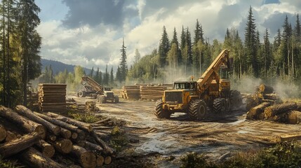 Working in forests, cutting trees for lumber, using machines and tools to harvest and transport timber, and building roads and stacks for efficient operations.