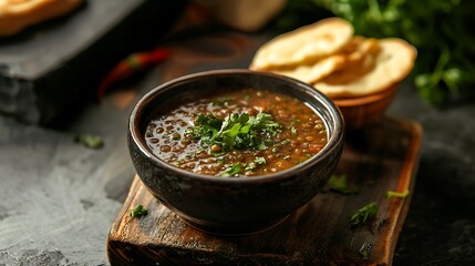 Poster - there is a bowl of soup with bread and parsley on a cutting board