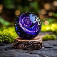 Wall Mural - there is a glass ball sitting on a wooden stand in the grass