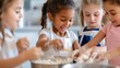 © MarkFinal - group of kids excitedly mixing ingredients in a cooking workshop, each contributing to a delicious and creative dish
