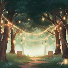 Wall Mural - there is a bench in the middle of a forest with lights strung from it