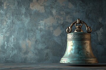 Wall Mural - there is a large bell sitting on a table with a wall in the background