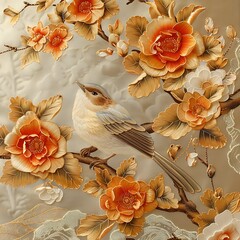 Wall Mural - there is a bird sitting on a branch of a tree with flowers