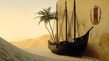 Wall Mural - there is a boat that is sitting in the sand by a wall