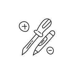Poster - Hand-drawn illustration of a screwdriver, a pen, and plus and minus signs. Concept for construction, repair, design, creativity, learning, and education.