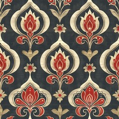 Red and gold floral pattern on dark background.