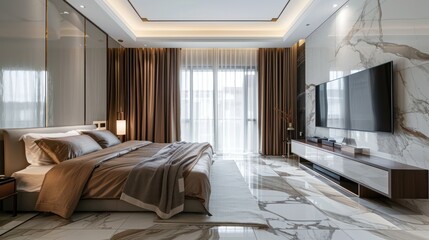 Canvas Print - Modern Bedroom Interior Design with Marble Walls and Large Windows