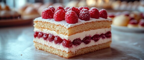 Close-up of a raspberry and cream cake on a table.