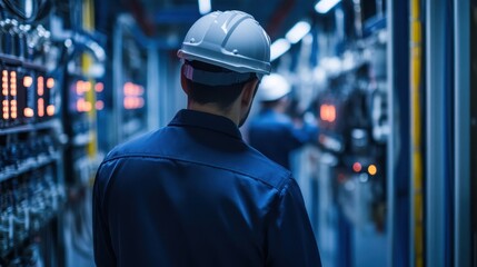 Worker in the Electrical Control Room of an Industrial Facility