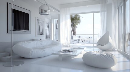 Wall Mural - Minimalist White Living Room with Ocean View