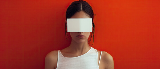 A woman is standing in front of a red wall with a white box covering her face