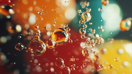 Multi-colored bright transparent glossy bubbles close-up. Oil drops on water surface abstract back