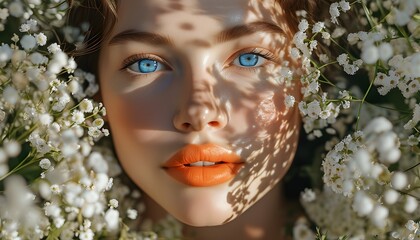 Wall Mural - Radiant woman surrounded by white blooms, illuminated by dappled sunlight, featuring bright blue eyes and soft orange lips