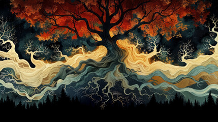 Mystical scene with a vivid abstract tree displaying swirling branches and roots against a dark background, Generative AI