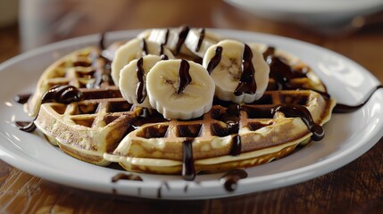 Wall Mural - A plate bearing waffles topped with sliced with bananas