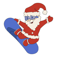 Wall Mural - Funky santa claus on the snowboard isolated transparent. Template design for Christmas greeting postcard poster banner with Santa character. Vector for winter festive sport activity.