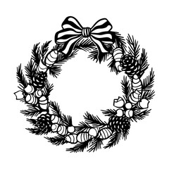 Hand Drawn Retro Vintage Christmas Wreath, in Black and White, Vector Line Art, Illustration, black outline, silhouette, 1950s mid century modern wreath, Bow Wreath