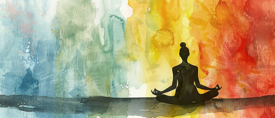 A woman is sitting in a lotus position on a colorful background