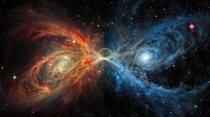 Wall Mural - a breathtaking cosmic dance of two swirling galaxies, illuminated by a vibrant array of stars and ne