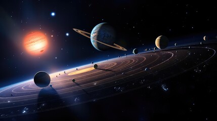 Wall Mural - A mesmerizing view of a distant solar system, with a bright red star and a ringed planet dominating the scene.