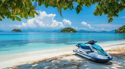 A jet ski parked on a sandy beach, with the turquoise sea and distant islands in the background.