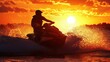 A jet ski rider silhouetted against a brilliant sunset, with the jet ski creating a spray of water as it speeds by.