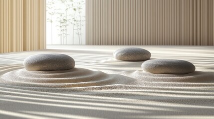 Poster - Tranquil scene featuring smooth stones resting in a serene sand design, illuminated by natural light. Ideal for meditation themes.