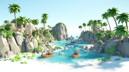 Wall Mural - A tropical paradise with palm trees, crystal clear water, and a sandy beach. Boats are docked on the shore, ready for a relaxing day of adventure.