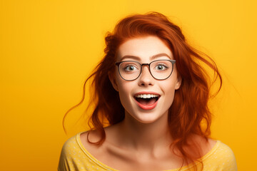 Young pretty Redhead girl over colorful background with glasses