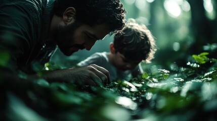 Two individuals are closely examining the lush greenery while lying in a dense forest, enveloped by natural light filtering through the trees, symbolizing curiosity and adventure.