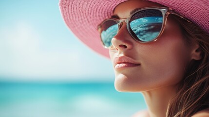 Wall Mural - A woman with long hair is wearing a pink sunhat, gazing at a clear, blue ocean, enjoying a sunny beach day. The clear, blue ocean provides a soothing background.