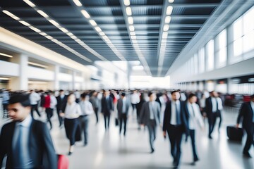 blurred business people in a modern corridor.