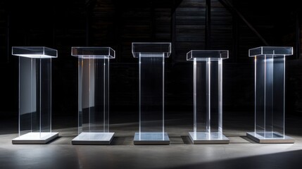 Five clear acrylic pedestals stand on a concrete floor. The pedestals are empty and ready to display products or artwork.
