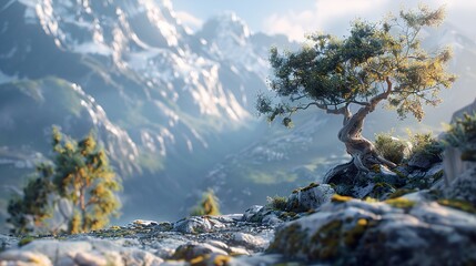 Wall Mural - Majestic Mountain Landscape with a Solitary Tree