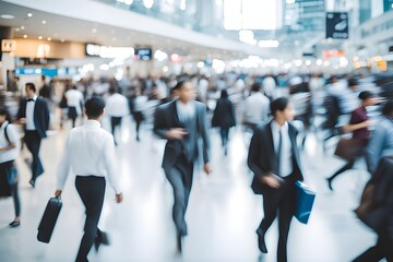 blurred business people in a modern corridor.